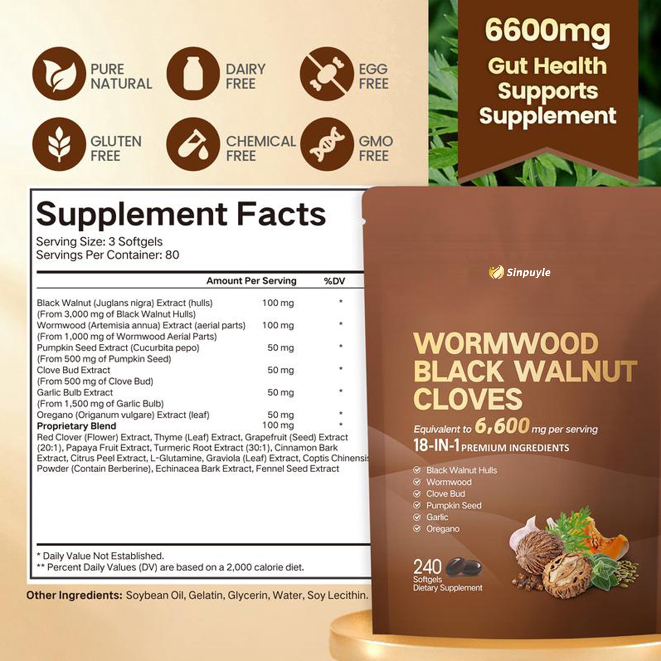 Wormwood Black Walnut Cloves Complex | 18-in-1 Intestinal Cleanse & Parasite Support | Equivalent to 6,600 mg per Serving | 240 Softgels Dietary Supplement