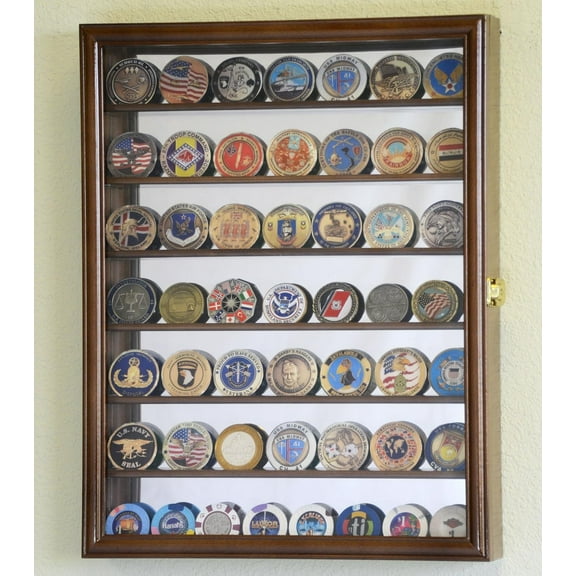 Mirrored Back Military Challenge Coin Display Case Cabinet Holders Rack w/UV Protection (Walnut Finished)
