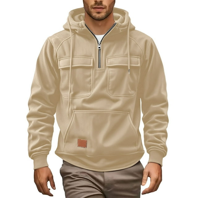 MHFRRA Sudadera Informal con Capucha y Mangas Raglán de Pana para Hombre, con Bolsillos con Cremallera, para Uso Diario En Otoño E Invierno Caqui