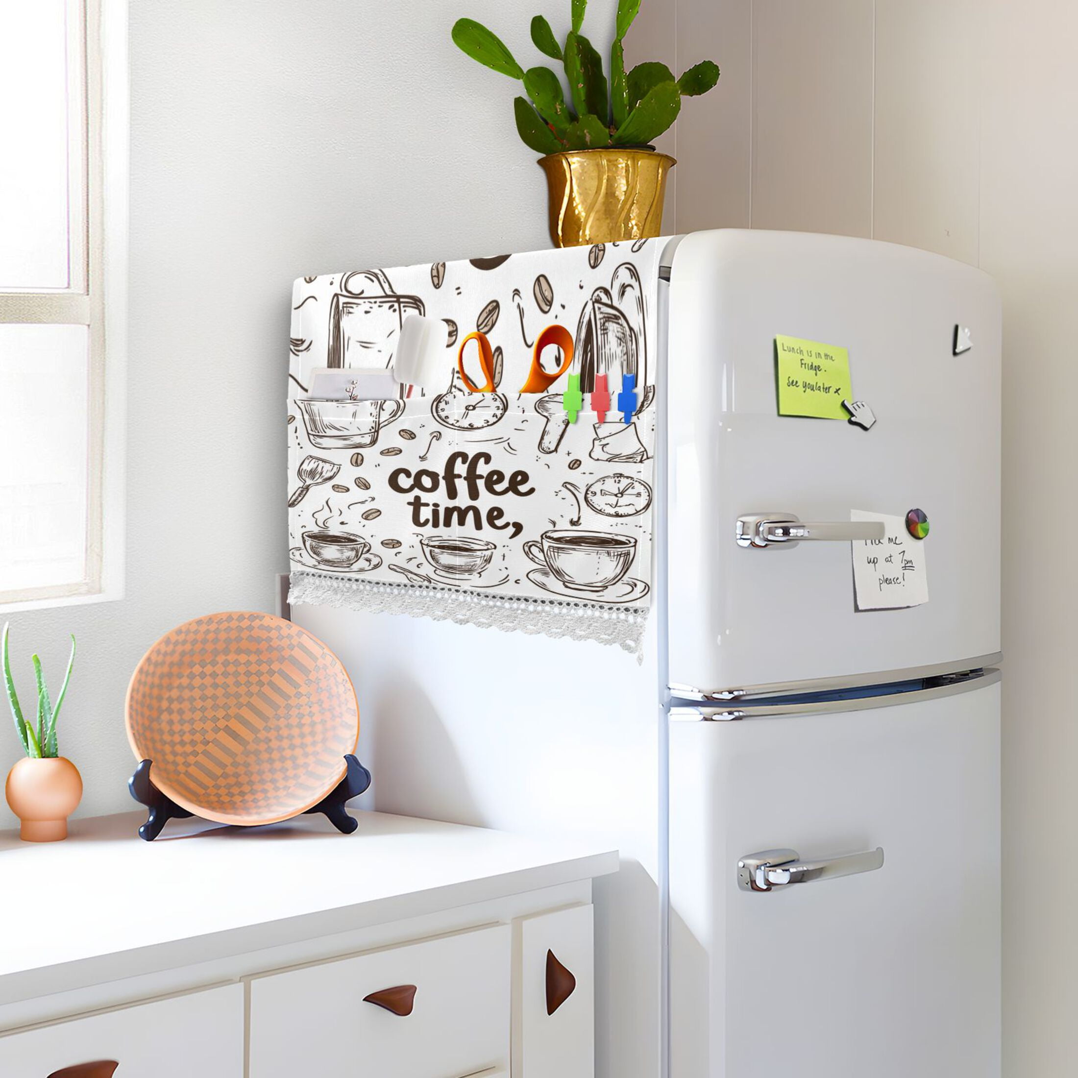 Coffee Time NowWasher and Dryer Covers Dust-Proof and Oil Resistant Fridge Cover with 4 Storage Pockets Washing Machine Top Cover for Laundry Kitchen Home 51.2 x 22 In