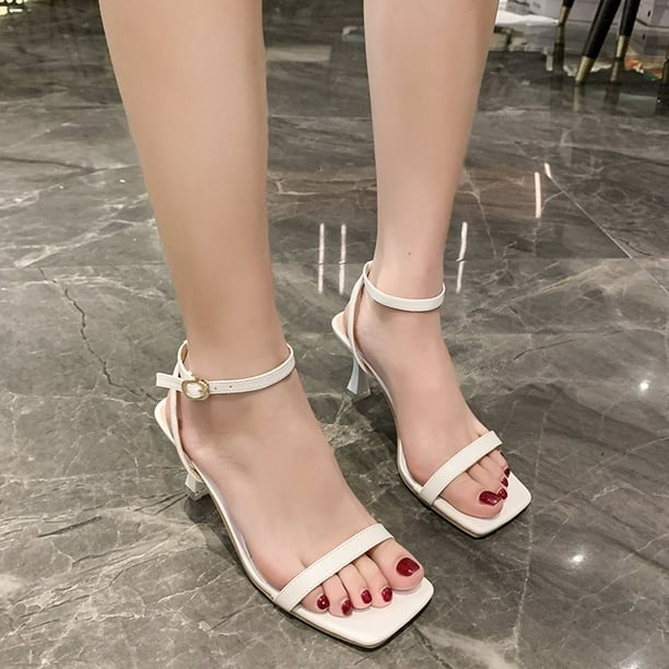 Sandalias de tacón alto de tres colores en polvo blanco y negro para mujer, tacones sexis con correa en el tobillo y hebilla, tacones de fiesta a la moda para mujer, tacones para mujer 36 Gao Jinjia LED