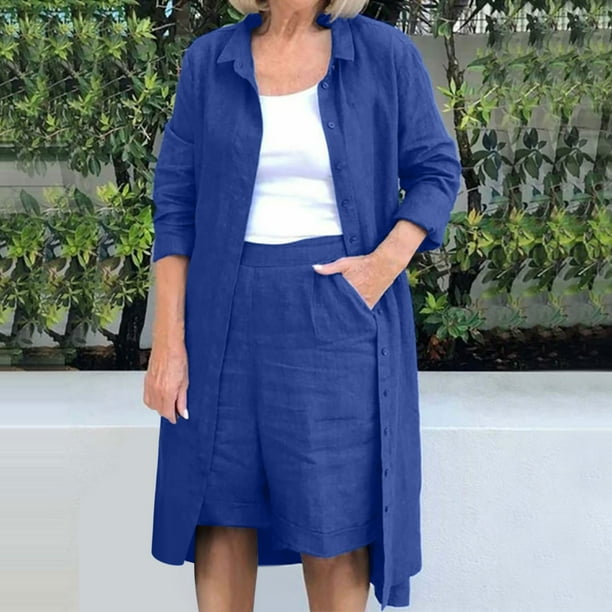 ICHUANYI Liquidación Conjunto de blusa y pantalones cortos de manga larga con cuello vuelto sólido para mujer ICHUANYI WER202308251324