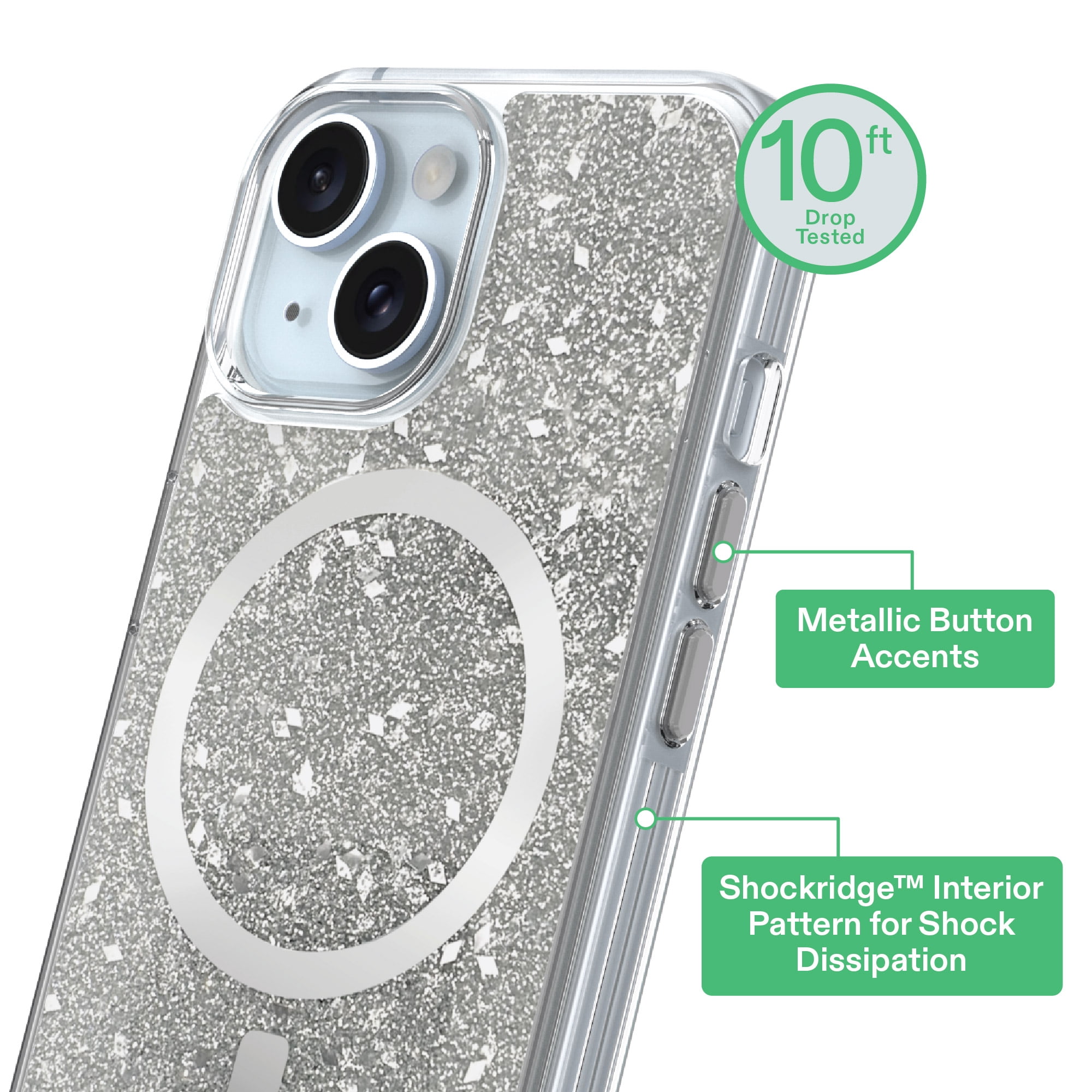 onn Phone Case for iPhone 17e / 16e / 15 / 14 / 13, MagSafe Compatible - Silver Glitter Fleck