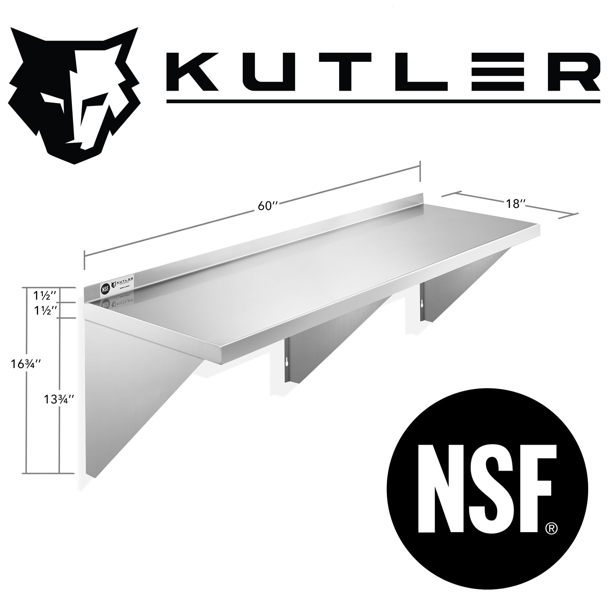 KUTLER 18" x 60" Stainless Steel Shelf, NSF Commercial Wall Mount Shelving w/ Backsplash, Floating Metal Mounted Shelves for Restaurant, Kitchen, Home