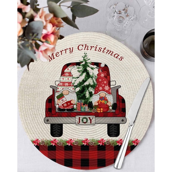 15 Inch Round Placemats Set of 6, Red Gnomes Christmas Non Slip Heat Insulation PP Table Mats, Truck Xmas Tree Checkered Retro Washable Place Mats for Kitchen Dining Party Table Decor