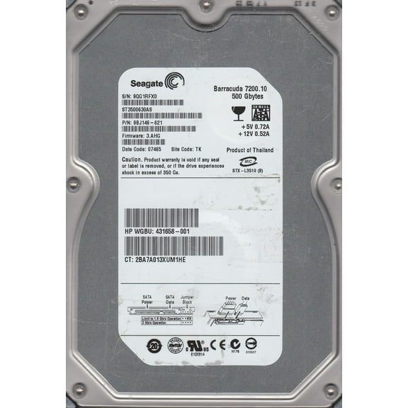 ST3500630AS, 9QG, TK, PN 9BJ146-621, FW 3.AHG, Seagate 500GB SATA 3.5 Hard Drive