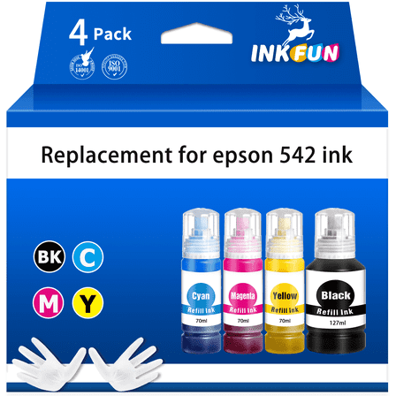 INKFUN Ink Bottle Replacement for Epson 542 T542 Refill Ink Bottle for Ecotank ET-5800 ET-5850 ET-16600 ET-16650 Printers (4 Pack, Black Cyan Magenta Yellow)