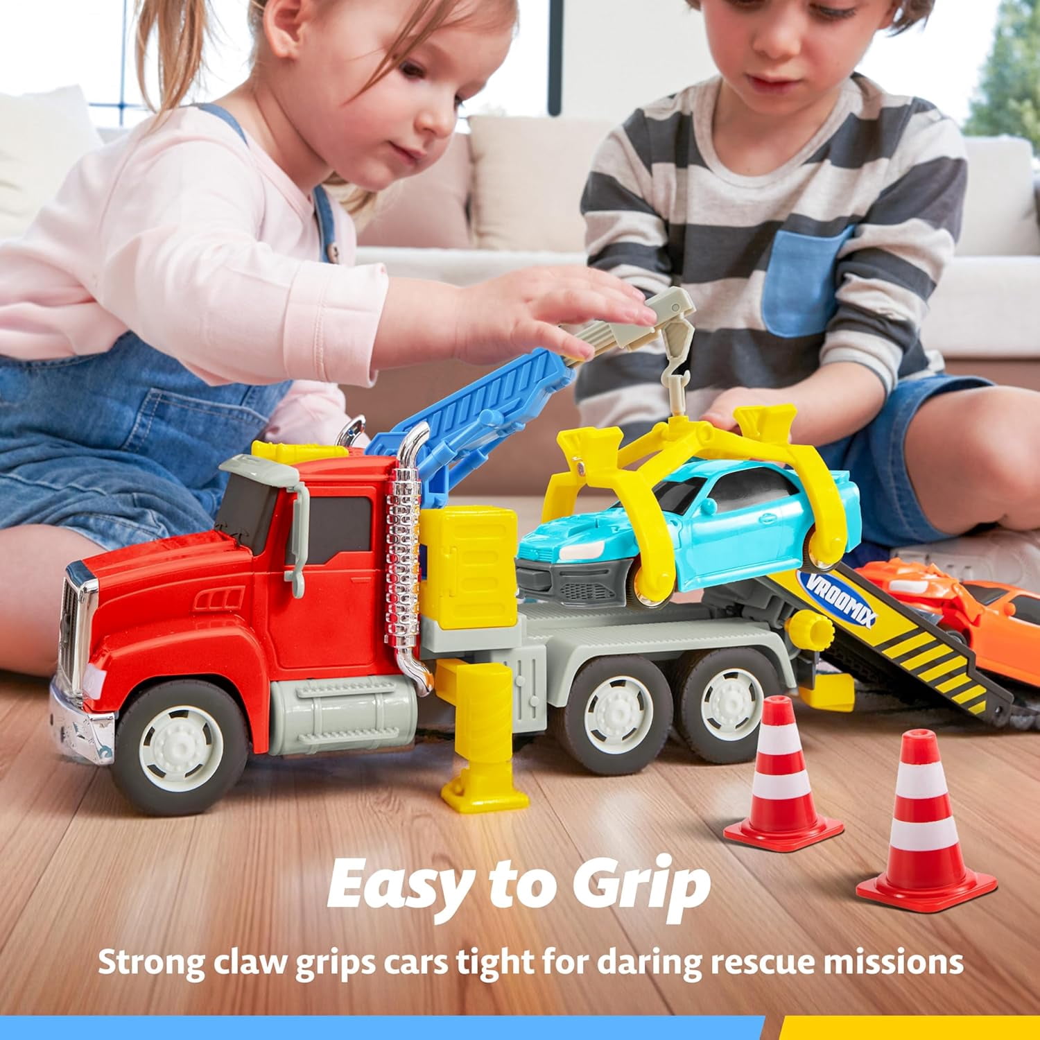 VROOMIX  Big Crane Toy Carrier Truck with Lights & Sounds, Kids Toys with 2 Transformation Cars and Multi-Functional Trailer, Best Gifts for 3+ Years Old Toddler