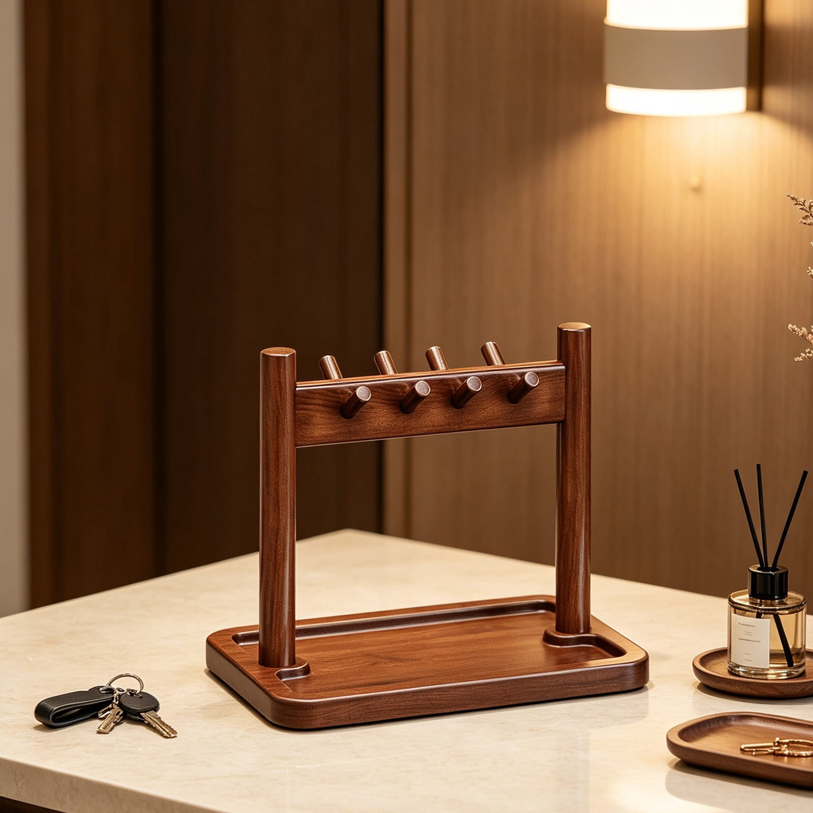 PONPRNGY Wooden Tray with Hooks, Nightstand Desk Organizer Holder for ...