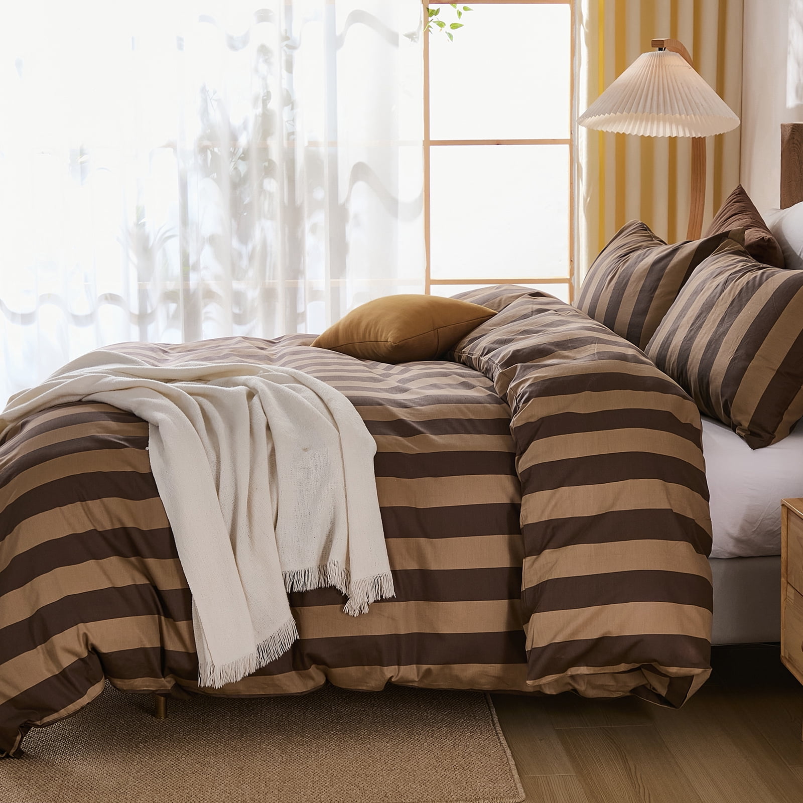 Brown Striped Duvet Cover Set Queen Size, 100% Natural Cotton Linen Like Duvet Cover Set with Zipper Closure & 8 Corner Ties, Brown Khaki Soft Reversible Bedding for All Seasons