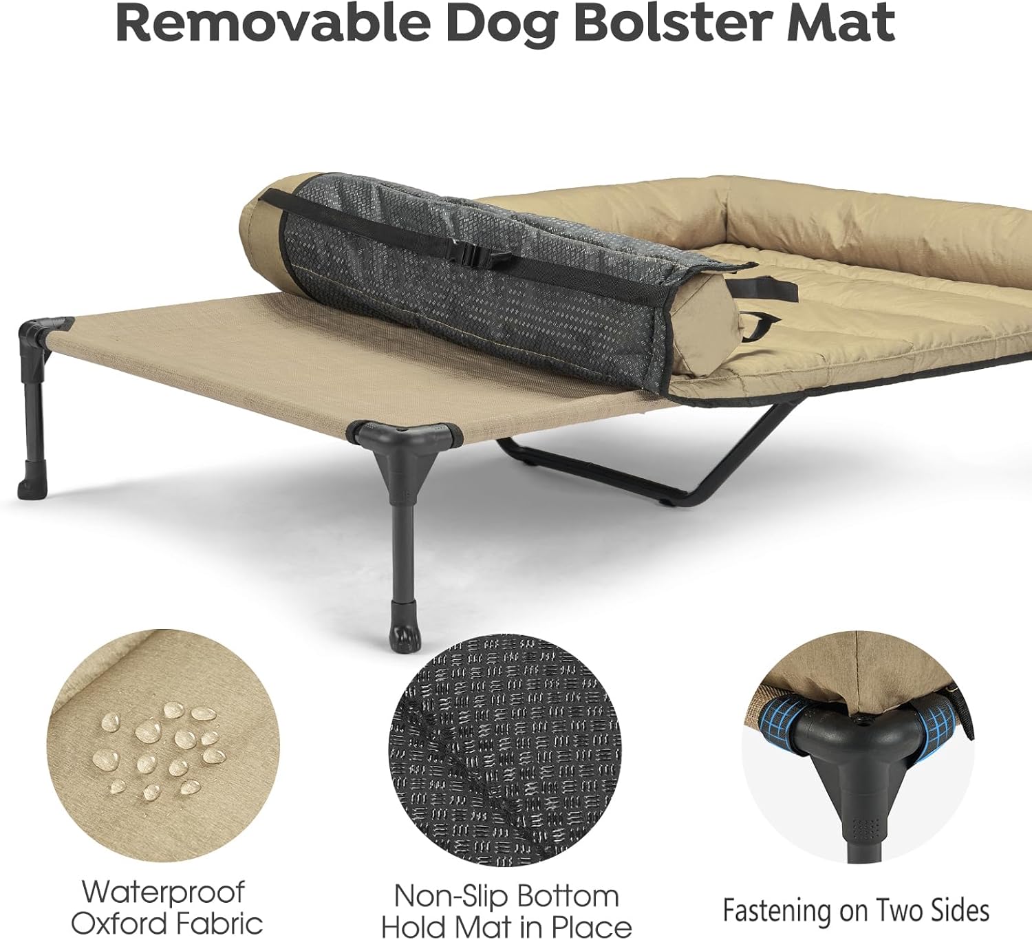 Cooling Elevated Dog Bed Add Removable Waterproof Bolster Cushion Mat, Raised Pet Cot with Breathable Teslin Mesh, No-Slip Feet, Dog Couch Bed for Indoor Outdoor, 59x37.5inches, Beige,