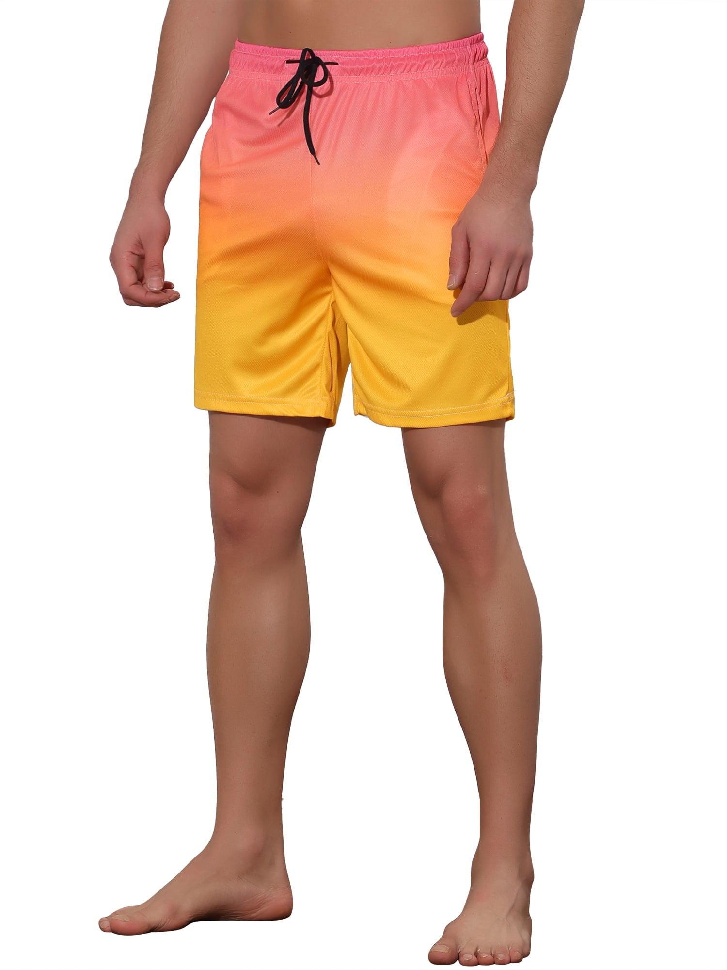 Unique Bargains Men's Contrast Color Summer Beach Colorful Swimwear Shorts 30 Pink Yellow
