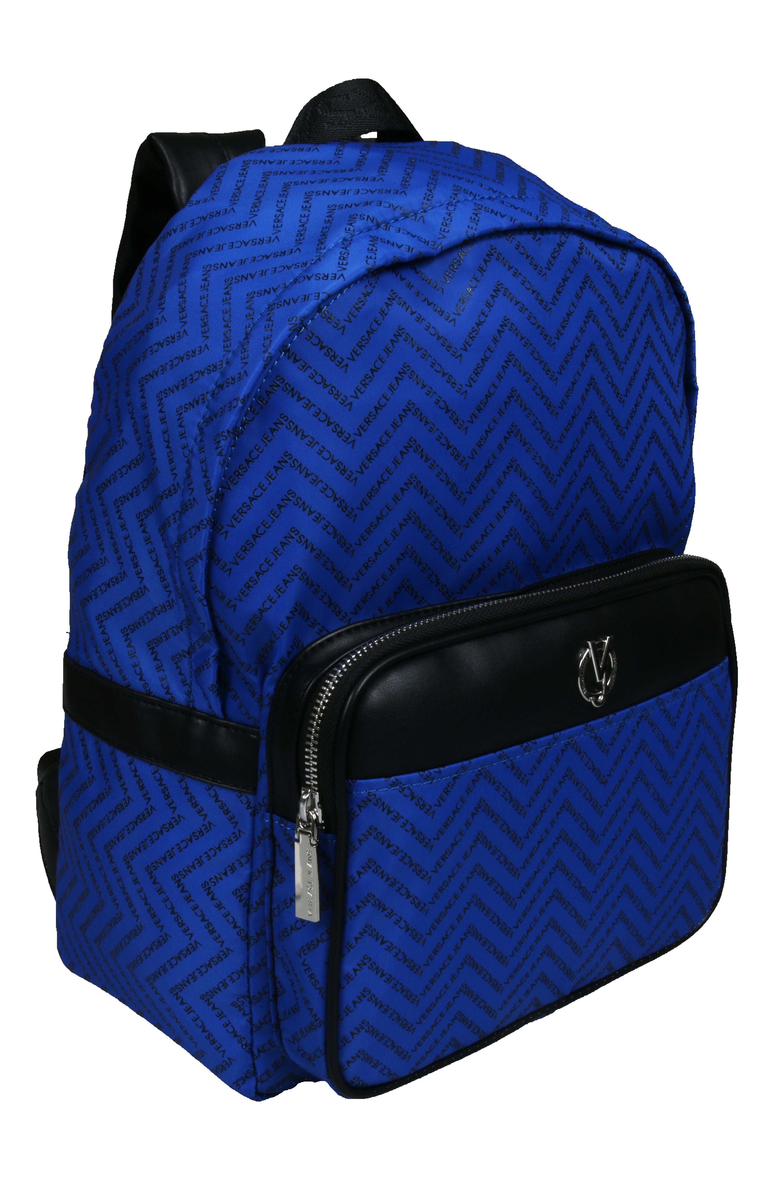 blue and black versace backpack