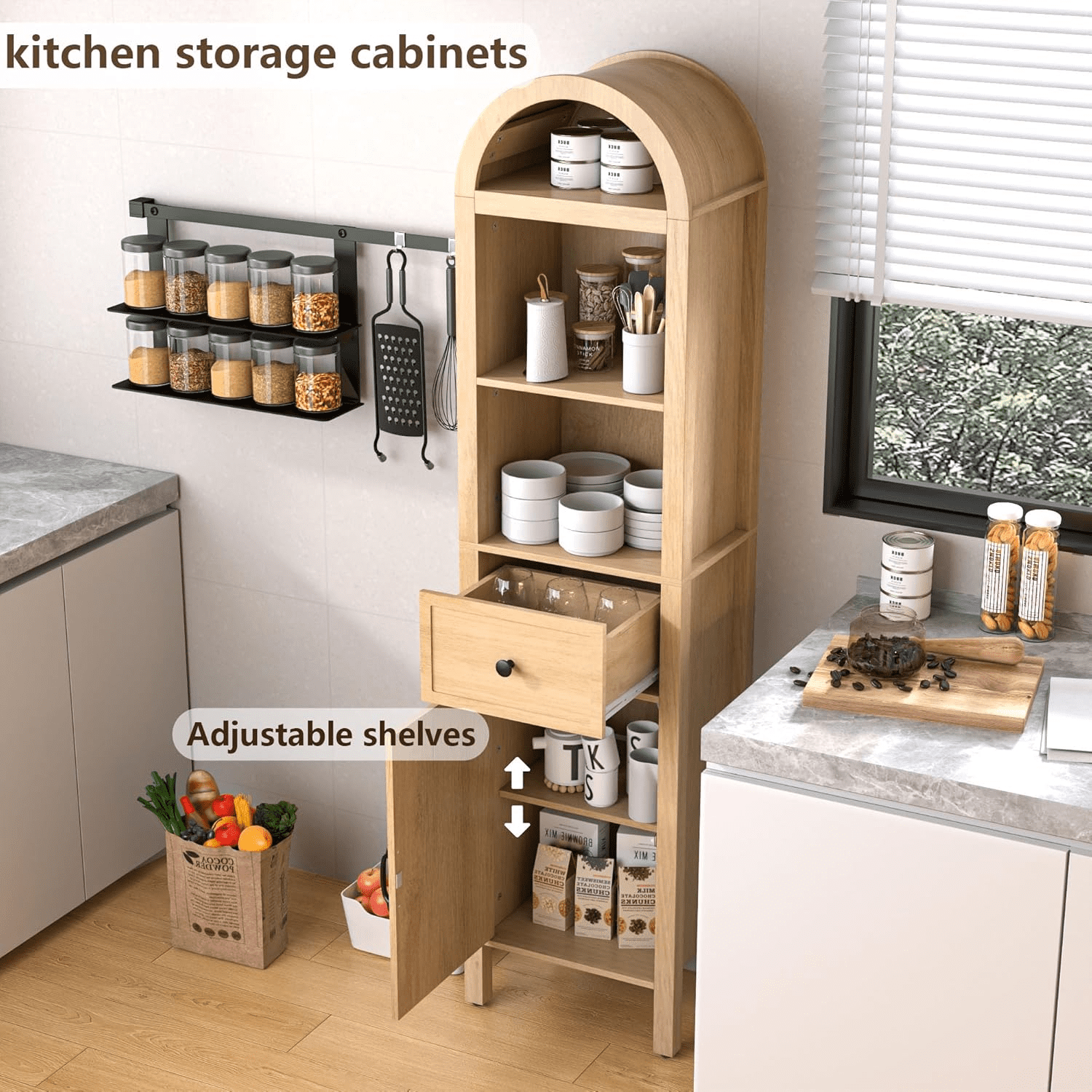 Oubayajia 64" Tall Bathroom Storage Cabinet, Narrow Tall Arched Linen Standing Tower Cabinet, Kitchen Cupboard with Adjustable Shelf and Drawer