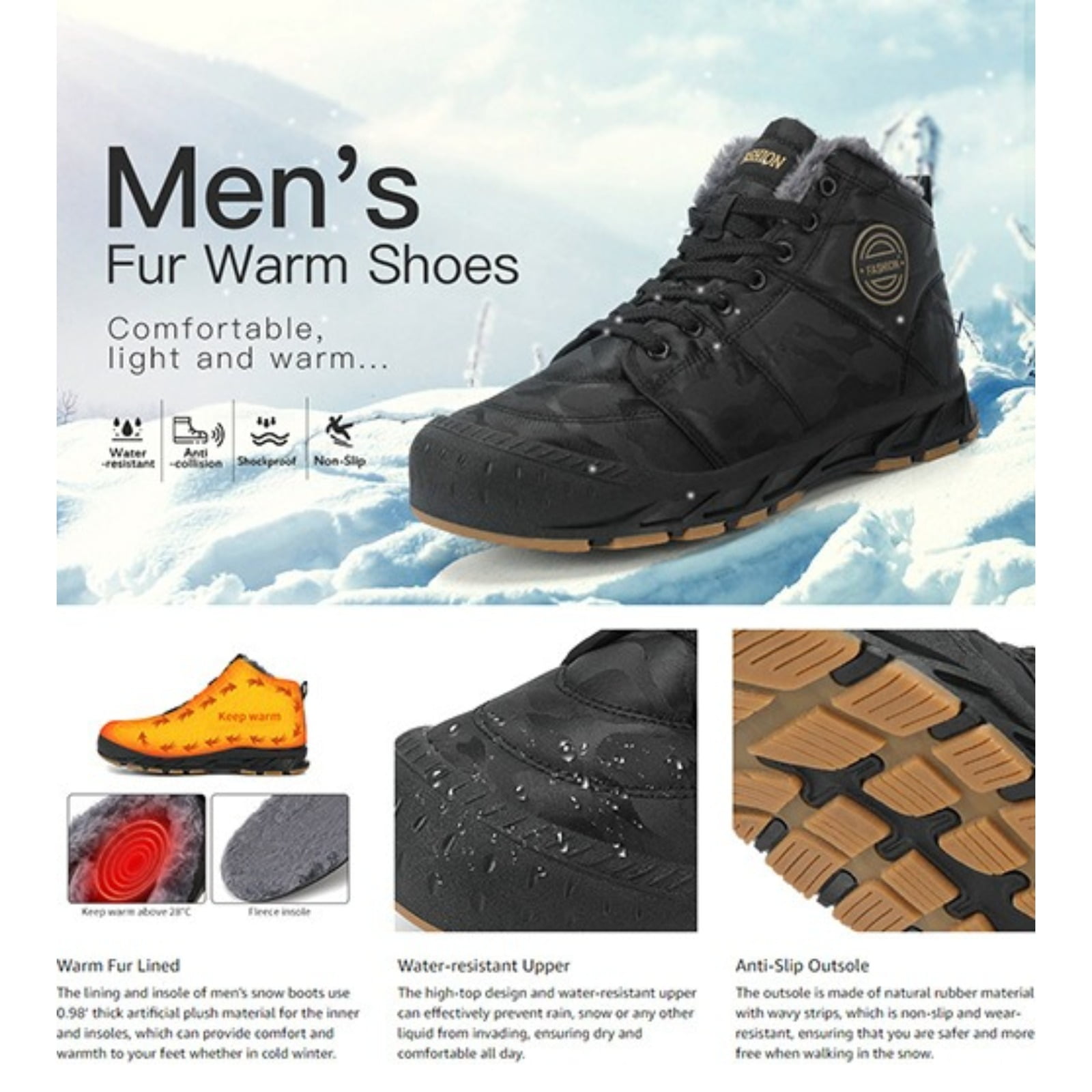 Men’s Insulated Outdoor Hiking Snow Boots, Fleece-Lined Warm Camouflage Winter Shoes with Protective Closed Toe, Non-Slip Waterproof Cold-Weather Boots for Outdoor Trekking
