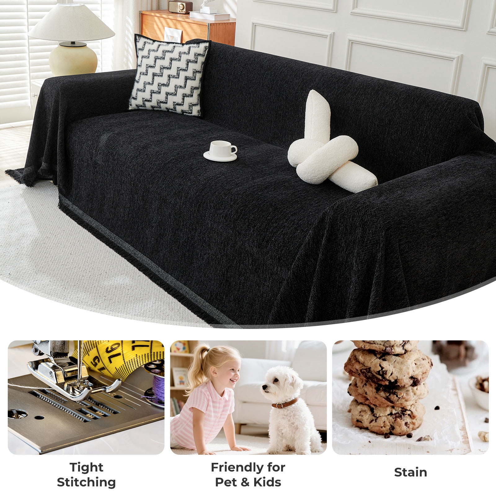 Sanmadrola Sofa Cover Non Slip Couch Cover for 3 Cushion Couch Machine Washable Furniture Protector for Dogs Pet Chenille Throw Slipcover Blanket for Living Room (Black, 71"x118")