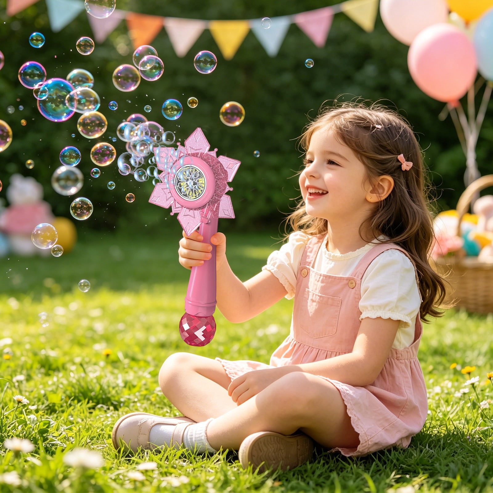 Sunflower Fully Automatic Bubble Machine, Snowflake Electric Bubble Blaster with Sound and Light, 360° Rotatable Portable Bubble Wand with 80ml Bubble Liquid for Outdoor Party Photo Prop