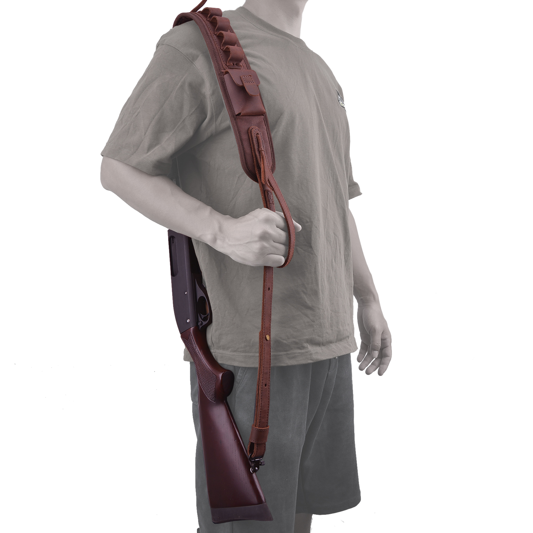 Shooting Canvas Leather Ammo Shell Holder Shotgun Sling Hunting Gun Strap for 12 Guage