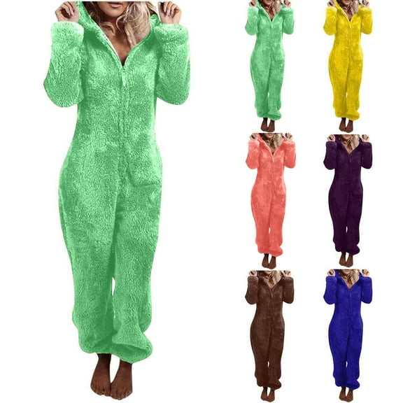FRSASU Womens Fleece Onesies Pajamas Jumpsuit Warm Sherpa Romper Sleepwear One Piece Zipper Hooded Playsuit Loungewear