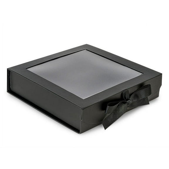 Pack Of 18, 8 X 8 X 2" X-Large Solid Black Gourmet Folding Boxes W/Ribbon Closures & Window Lid For Halloween