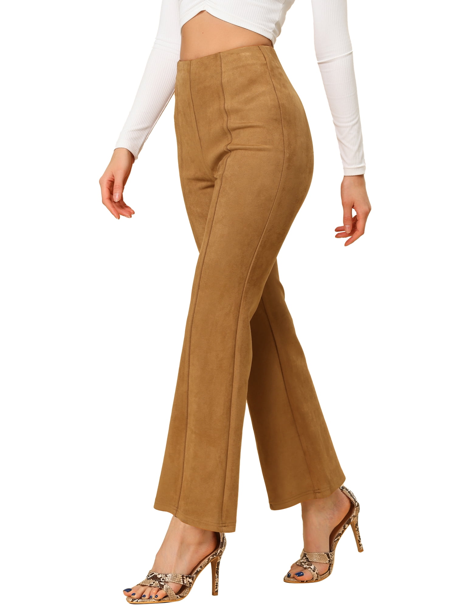 Unique Bargains Juniors Flared Hidden Side Zipper Knitted Faux Suede Flared Pants