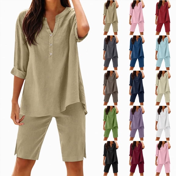 Women Spring And Summer Short Sleeves Split Shorts 2PC Casual Set Tracksuit Pajamas