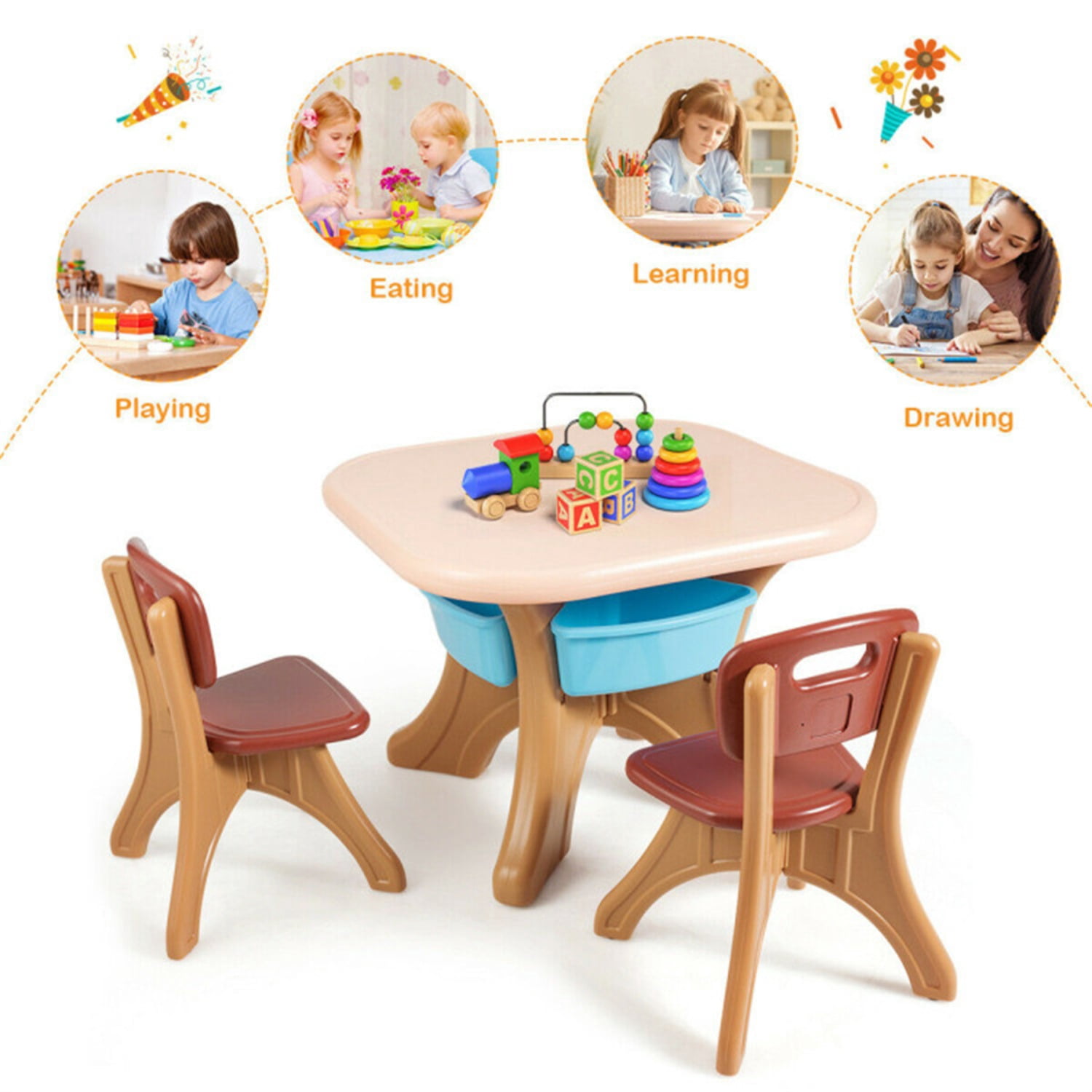 Brown Kids Table and 2 Chairs Set with 4 Storage Boxes, Toddler Activity Table for Drawing Playing Eating, Children Furniture for Indoor Outdoor