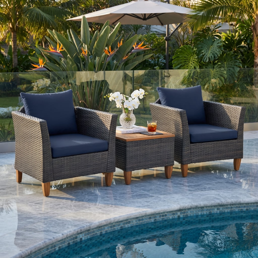 Hommoo 3-Piece Outdoor Rattan Bistro Set, Acacia Wood Table & Steel Frame Patio Furniture for Backyard, Poolside & Garden, Navy
