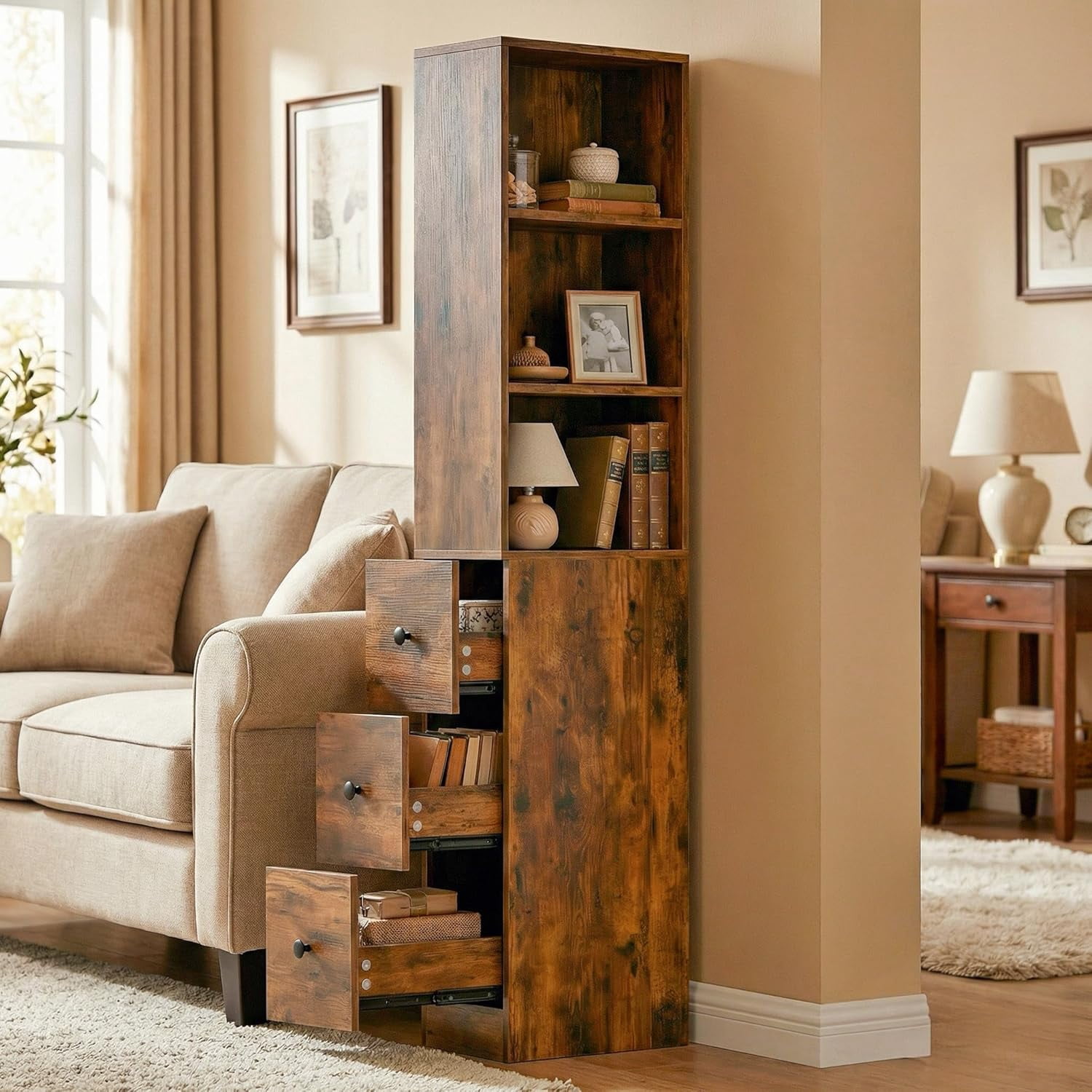 Storage Cabinet Tall Narrow Bathroom Organizer with 3-Level Adjustable Shelves Slim Free Standing Space Saver for Living Room Kitchen, Rustic