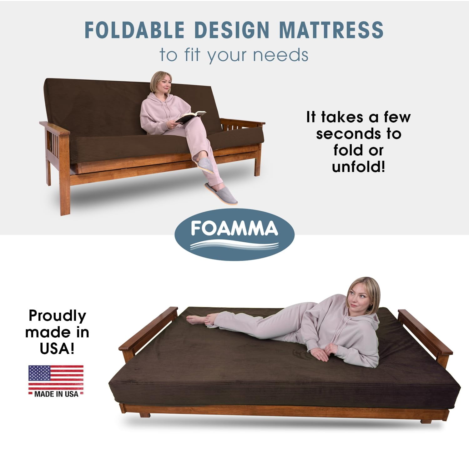 Foamma Memory Foam Futon Mattress, Double-Sided Foldout Couch Futon Mattress - Twin Size (Brown) - Comfortable and Heavy Duty Sofa Bed, Thick Corded Cushion for All (Frame NOT Included)