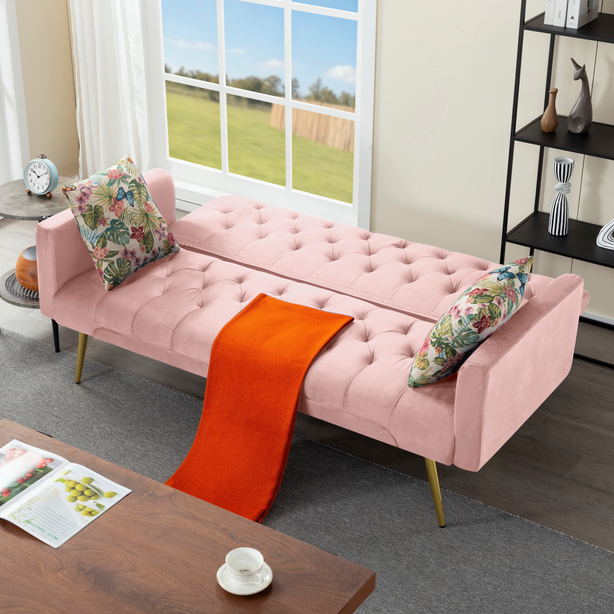 Gewnee Pink 68.31" Futon Sofa Bed, Solid Eucalyptus Wood Frame, Golden Metal Legs, 5 Adjustable Backrest, 2 Pillows for Home Office Guest Room
