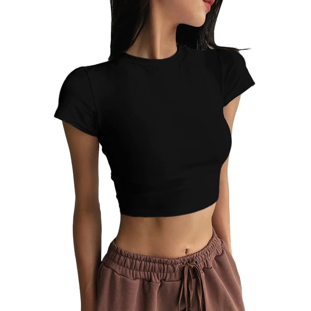 Blusa túnica de manga corta con cuello redondo y estampado liso para mujer, tejido de algodón, ropa informal/de diario, tallas S-XL