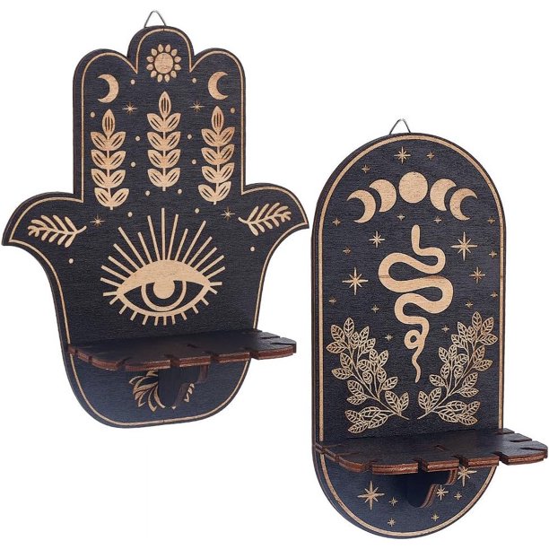 DIY 2 juegos de estantes pequeños de cristal con forma de mano de Hamsa negra, soporte de exhibición de madera, soporte para mal de ojo, cosas mágicas de brujas, estante de almacenamiento de péndulo