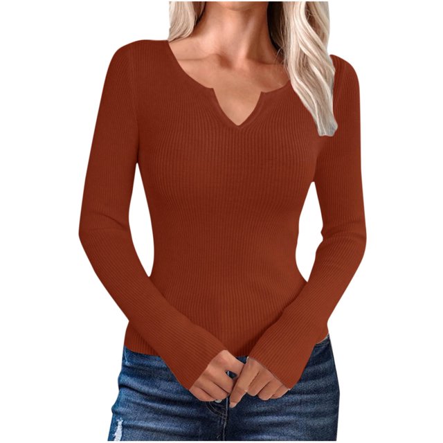 Swstbby Soldes d'Automne! Hauts d'Automne pour Femmes Grande Taille, Mode Décontractée à Manches Longues Col en V Café S