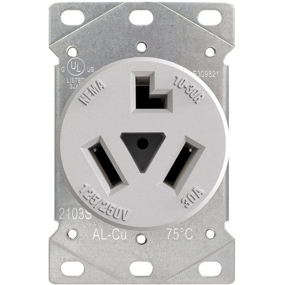 AIDA 10-30R Dryer Outlet 30-Amp 3-Pole, 3-Wire 125/250-Volts Non-grounding Heavy Duty Flush Mount Power Receptacle for Dryer, Space Heaters, UL Listed, 030626
