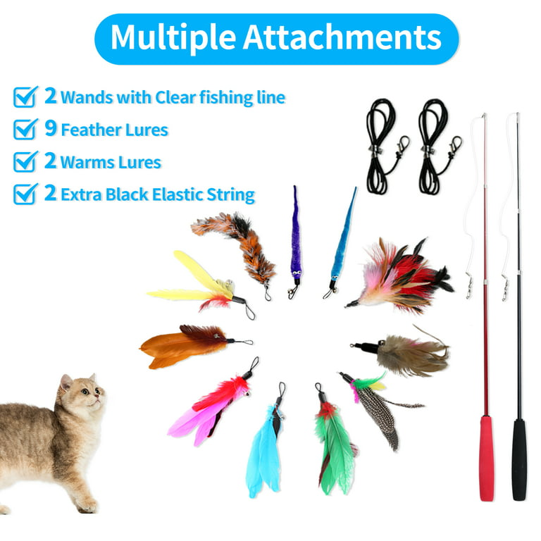 Petstie Cat Feather Teaser Toy, 2PCS Retractable Cat Wands,11PCS Teaser  Refills with Bells and Extra 2PCS Elastic Strings, Cat Wand Toys for Indoor  Cats 