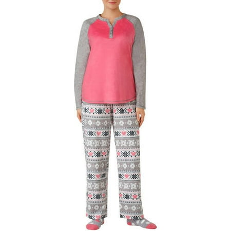 Secret Treasures Women's and Women's Plus Fleece Henley Pajama Top with Pant and Sock 3piece Giftable Sleepwear Set (size S-3X)