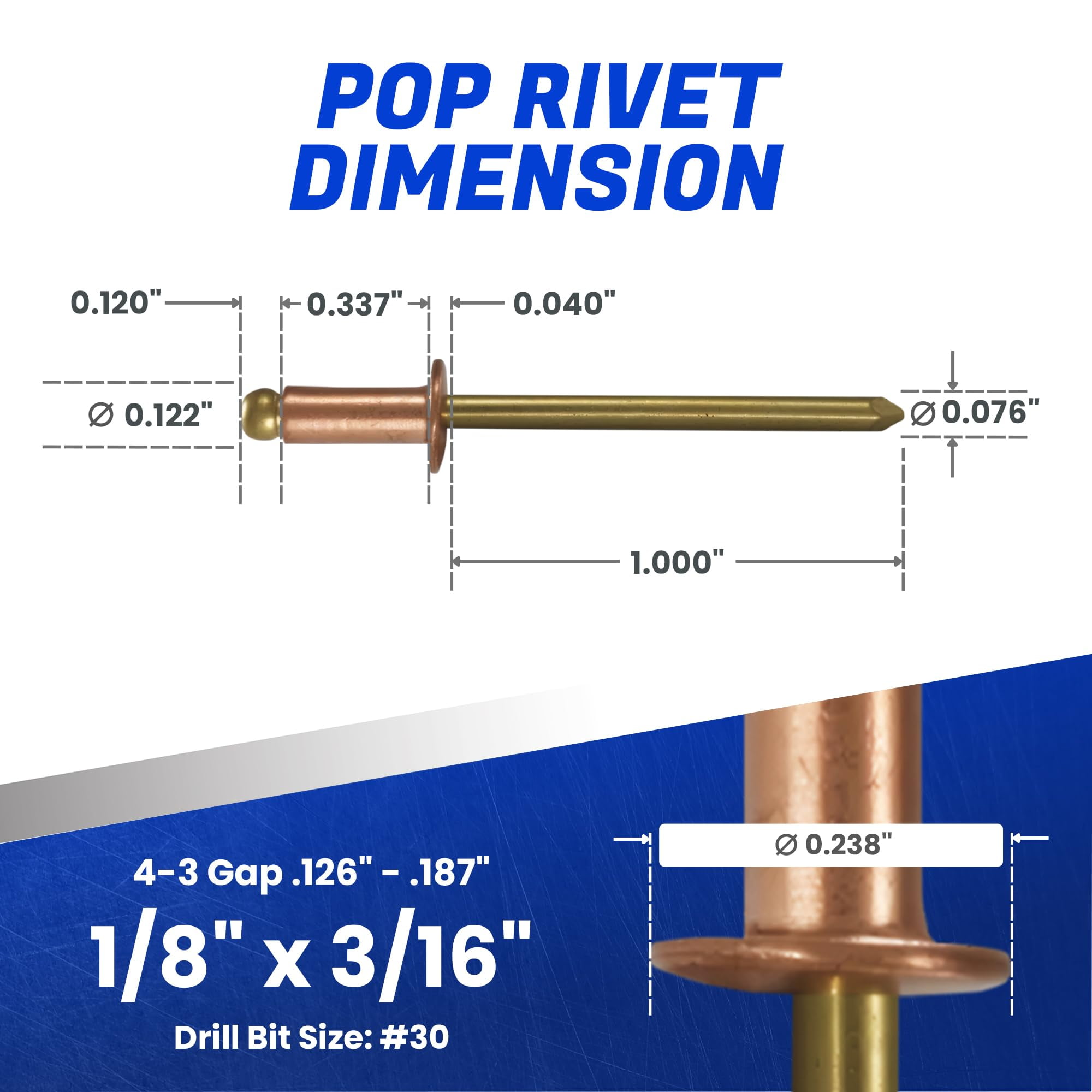 Fastenere Copper Pop Rivets - 1/8" x 3/16" (100 Pack) Copper Body Brass Mandrel, Heavy Duty, Open-End, Dome-Head Blind Rivets, Corrosion-Resistant & High Shear Strength, 4-3 Gap .126" - .187"