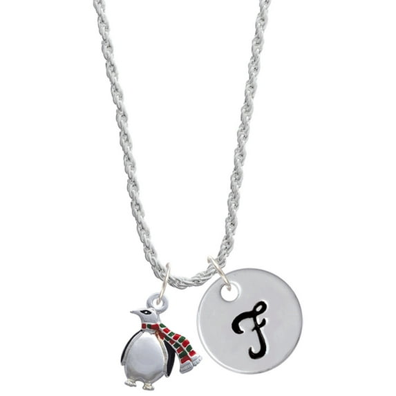 Delight Jewelry Silvertone Penguin with Scarf Silvertone Script Initial Disc - F - Charm Necklace, 20"+3"
