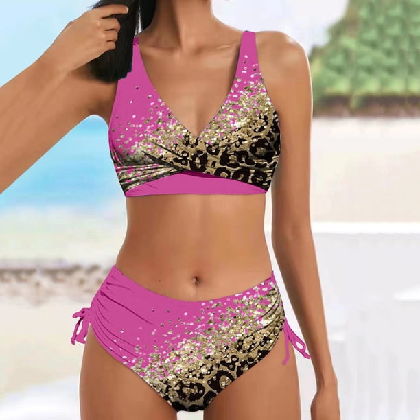 Trajes de Baño Mujer Conjunto de Tankinis Push Up Sexy Para Mujer, Bikini Retro Fruncido de Cintura Alta, Traje de Baño de Dos Piezas, Traje de Baño Estampado, Ropa de Playa