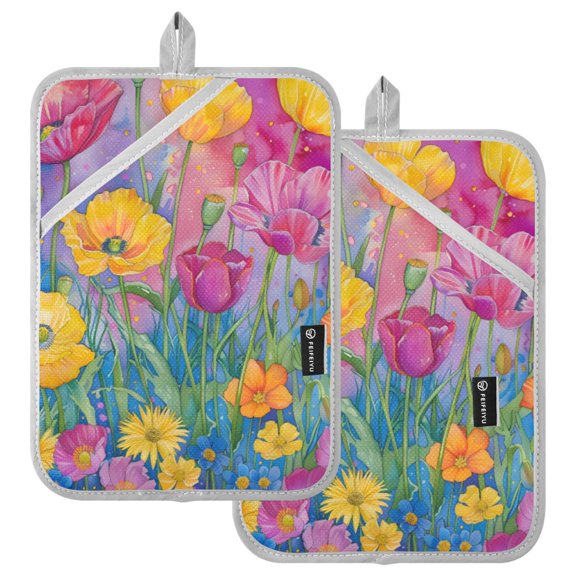 Ryvnso Watercolor Flowers Pattern Oven Mitts Heat Resistant Pot Holders Set of 2 Hot Pads
