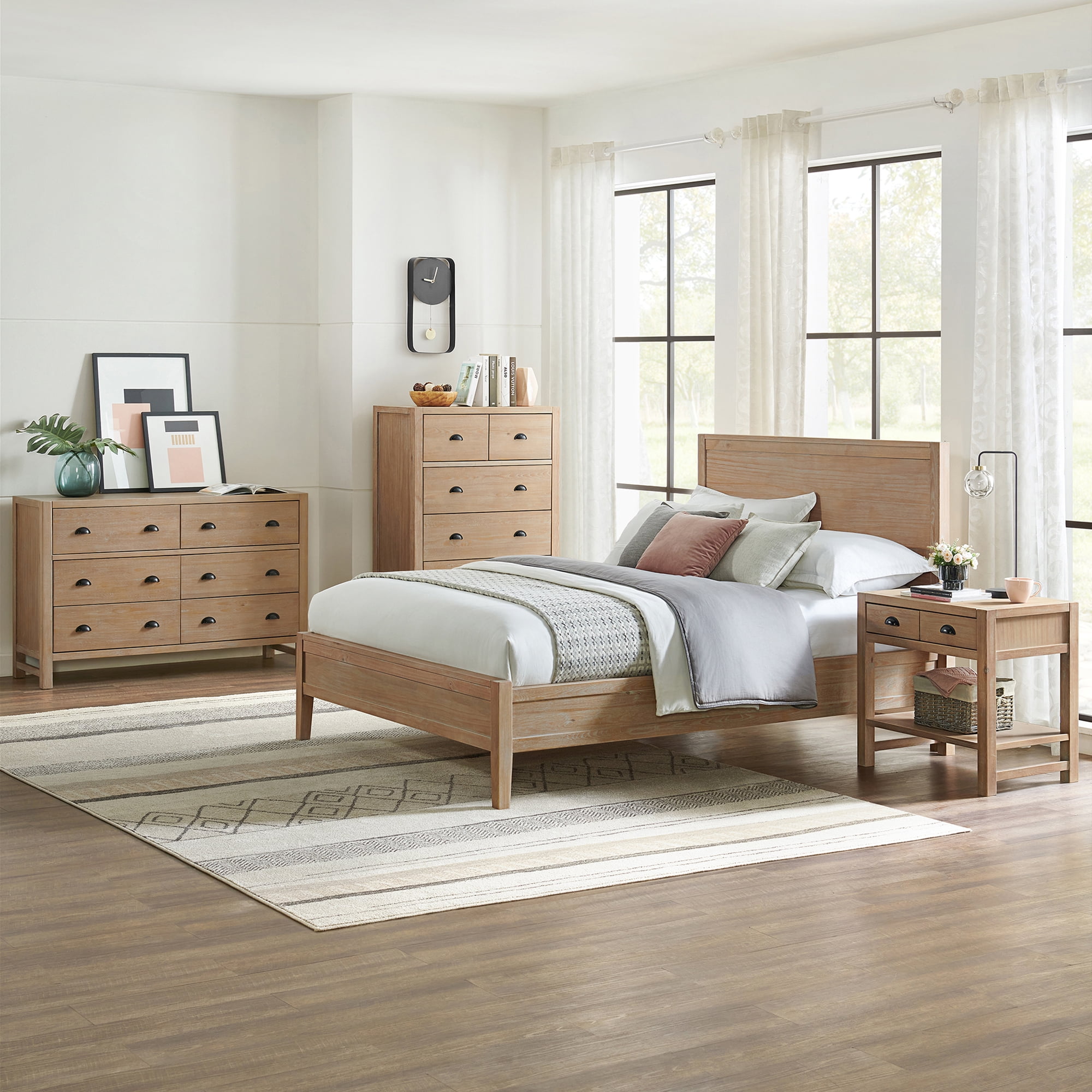 alaterre furniture arden 4-piece wood bedroom set with queen bed, 2-drawer nightstand with open shelf, 5-drawer chest, 6-drawer dresser, light