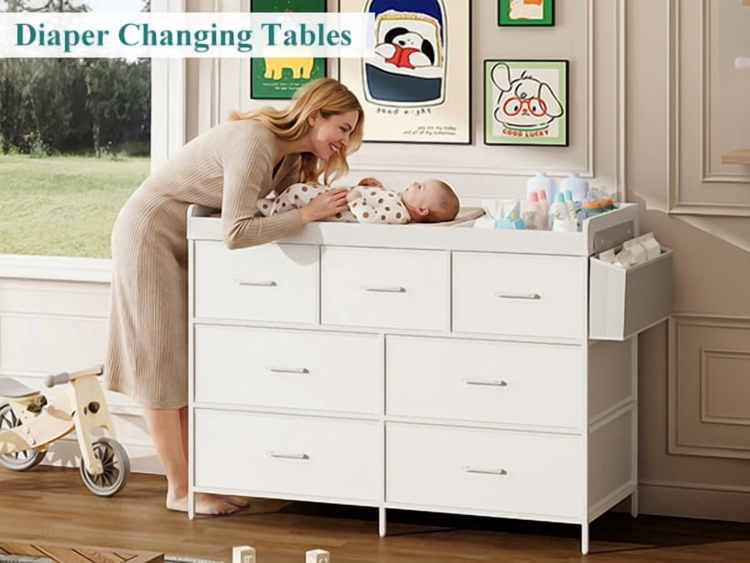 ANPOO Changing Table Dresser with Storage, Baby Dresser with Changing Table Top, Waterproof Diaper Changing Station with 7 Fabric Drawers for Nursery Modern, White