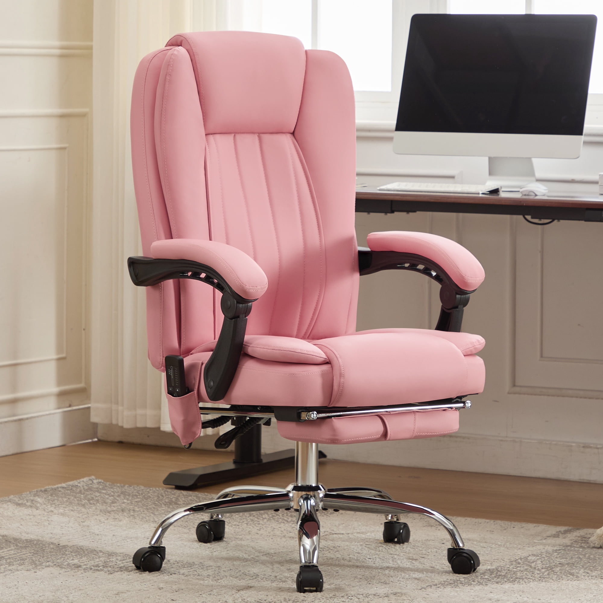 JONPONY Big and Tall Office Chair 500LBS Executive Office Chair Massage and Footrest Ergonomic Computer Desk Chair Reclining High Back Leather Office Chair Lumbar Back Support Swivel Rolling,Pink