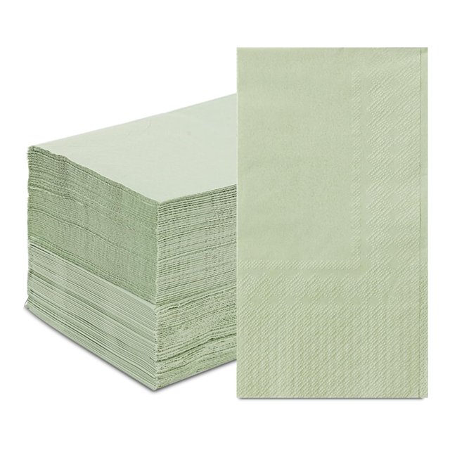 servilletas desechables para invitados, 100 unidades, color verde salvia — pila frontal de servilletas plegadas con una servilleta desplegada en primer plano; rectángulo compacto con borde troquelado y textura de papel absorbente, color verde salvia uniforme; tamaño plegado aprox. 7.8 x 4.3 pulgadas (15.7 x 13 pulgadas desplegadas); aptas para cena, baby shower, boda o decoración de mesa; también suelen usarse como servilletas desechables de mano para invitados.