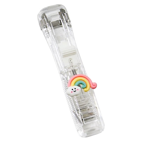 1Pc Clear Clam Clip Dispenser with Cute Rainbow Cloud, Handheld Paper Clipper Tool, No-Hole Stapler Alternative