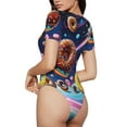 thumbnail image 3 of Daiia Space Colorful Donut print Women's Crew Neck Short Sleeve Bodysuit Fashion Tops Fit Casual Basic Extender Bodysuit-Small, 3 of 9