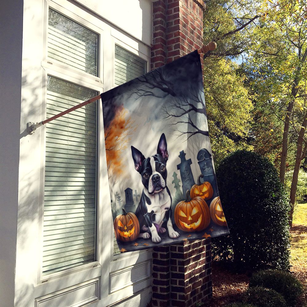 Halloween Boston Terrier Dog House Flag 28x40IN Double-Sided Polyester Decorative Sleeve Pole Flag for Outdoor Home Garden