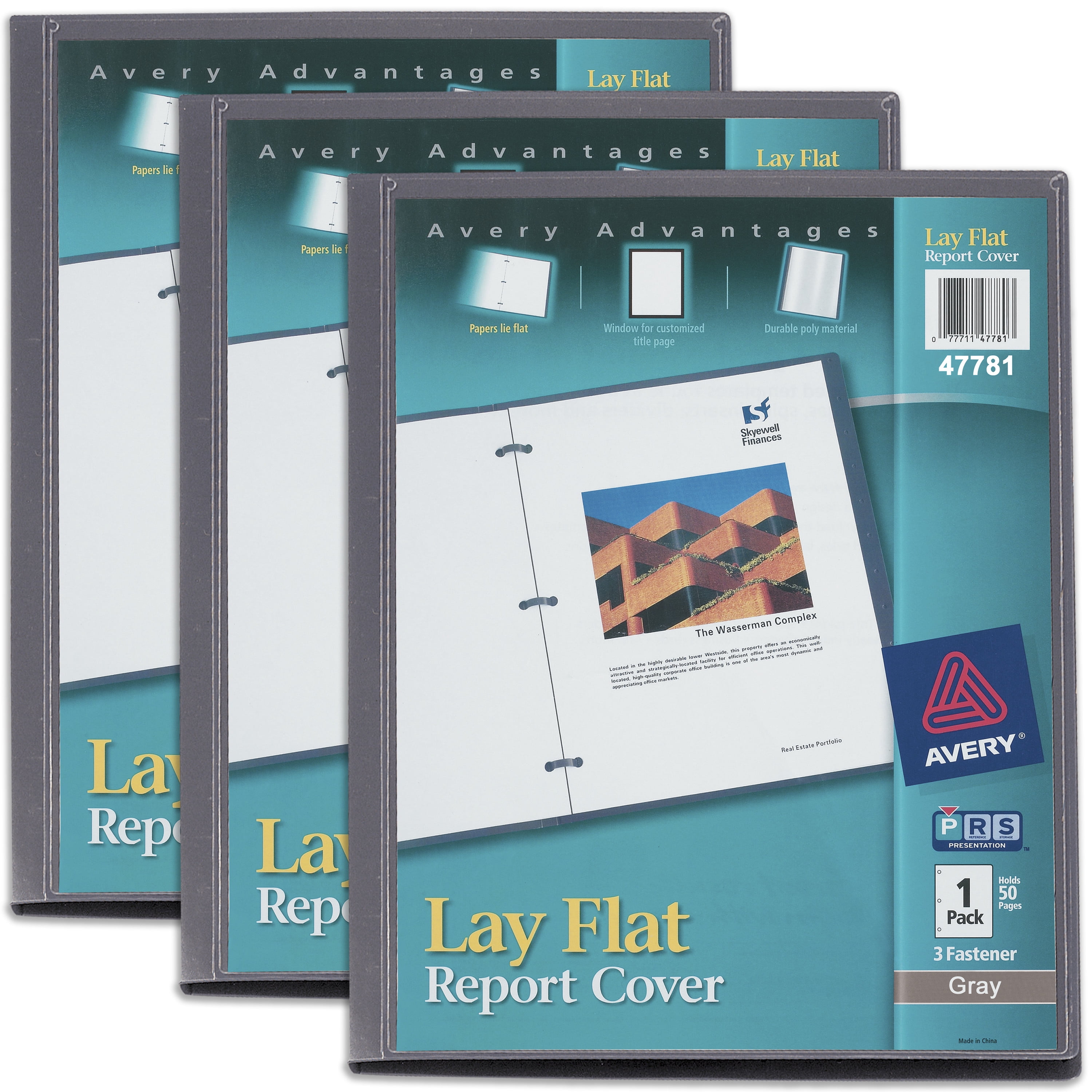Avery Lay Flat Report Cover with 3 Plastic Fasteners, Clear Front Window, Holds up to 50 Sheets, 3 Gray Covers (47781)