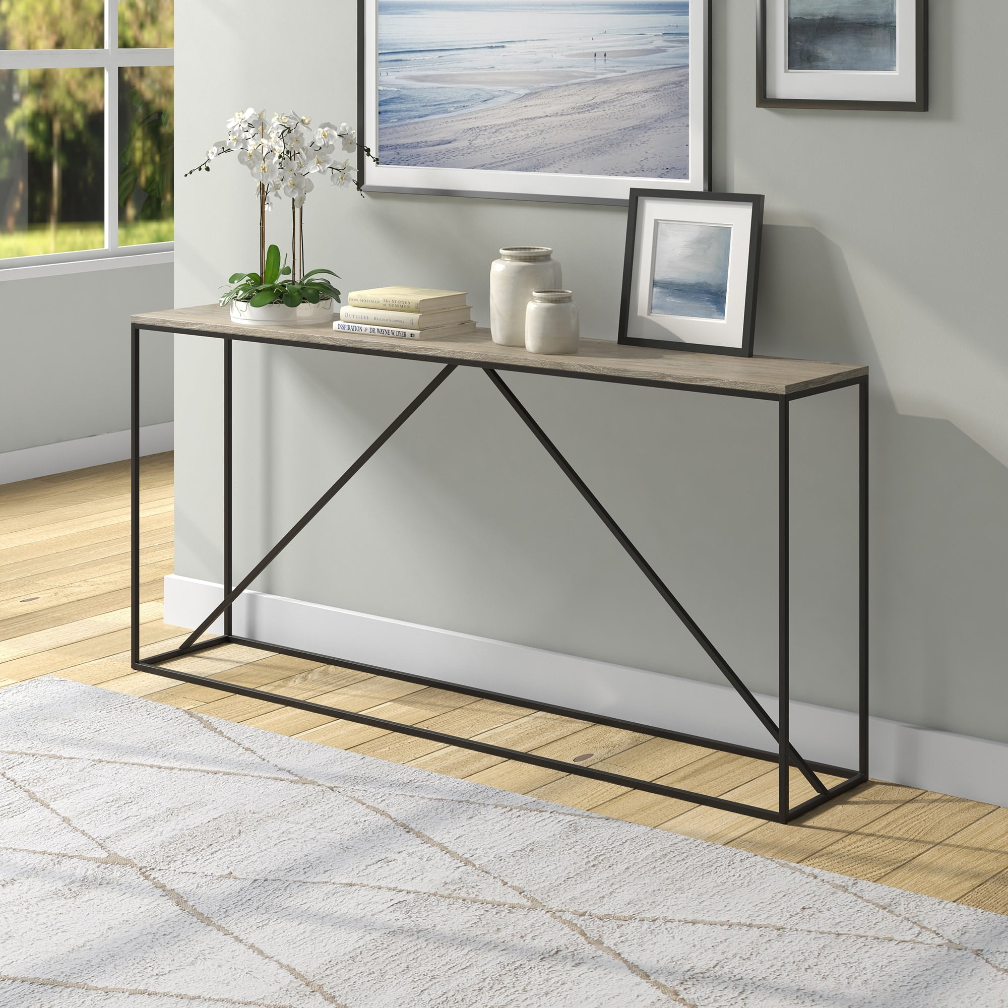 Evelyn&Zoe Nia 45" Wide Rectangular Console Table, Blackened Bronze/Antiqued Gray Oak